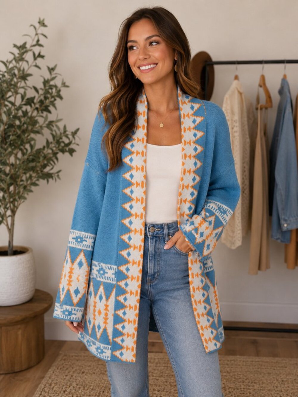 Blue & Orange Aztec Print Open Front Cardigan Sweater